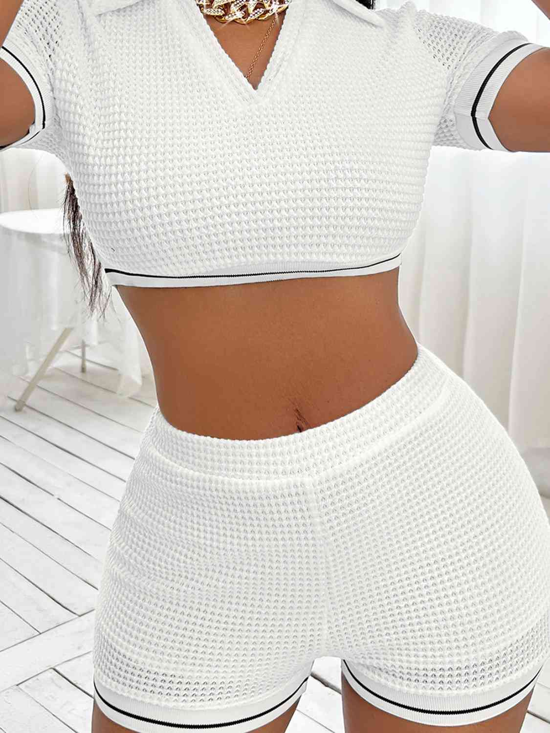 Waffle-Knit Collared Neck Cropped Top and Shorts Set